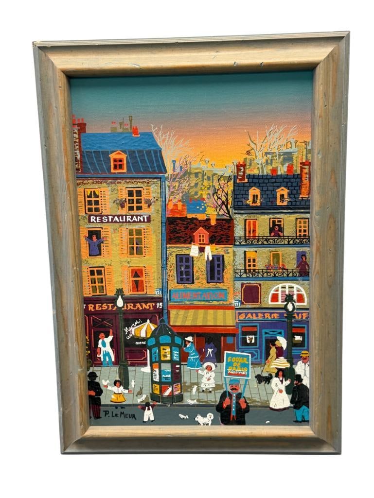 P. LEMEUR FRENCH ARTIST VIBRANT URBAN PARISIAN STREET SCENE ORIGINAL OIL ON CANVAS PAINTING (1 of 7)