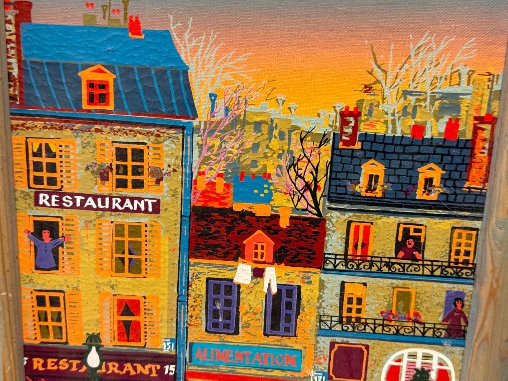 P. LEMEUR FRENCH ARTIST VIBRANT URBAN PARISIAN STREET SCENE ORIGINAL OIL ON CANVAS PAINTING - 2
