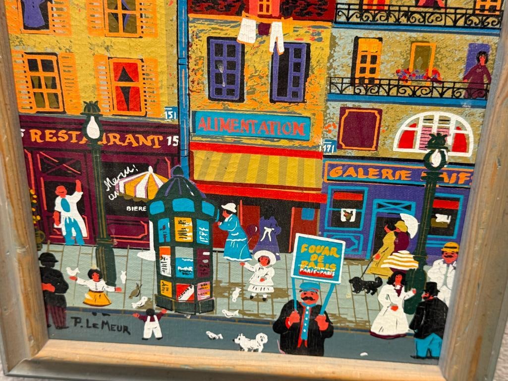 P. LEMEUR FRENCH ARTIST VIBRANT URBAN PARISIAN STREET SCENE ORIGINAL OIL ON CANVAS PAINTING - 3