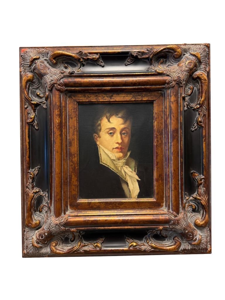 19TH CENTURY ORIGINAL OIL ON CANVAS PAINTING PORTRAIT POSSIBLY DONE BY P/ ENGLISH: ART DEPICTS A PORTRAIT OF A MAN WITH BLACK BACKGROUND, ART IS SAID TO BE DONE BY P. ENGLISH, BUT NO SIGNATURE IS PRESENT, GALLERY TAG FROM ELIZABETH LYLE GALLERY, PURCHASED FOR $375 IN THE MID-90'S,
