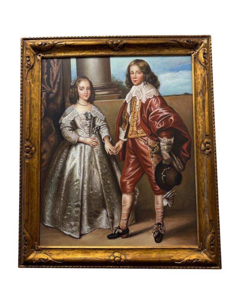 ANTHONY VAN DYCK ORIGINAL OIL ON CANVAS PAINTING WILLIAM II AND HIS BRIDE MARY STUART REPRODUCTION: ANTHONY VAN DYCK (1599-1641) WAS A FLEMISH BAROQUE ARTIST WHO BECAME THE LEADING COURT PAINTER IN ENGLAND, ART DEPICTS YOUNG COUPLE HOLDING HANDS, ART HAS SMALL PUNCTURE LOWER RIGHT NEAR WILLIAMS