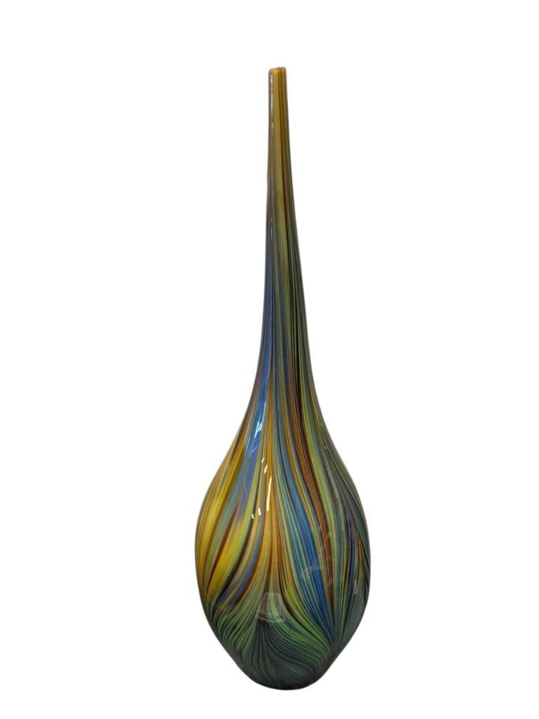 TALL HAND BLOWN ART GLASS MULTICOLOR PULLED FEATHER DESIGN VASE WITH ELONGATED TAPERED RIM: NO DAMAGE OR REPAIR 24 1/2" H