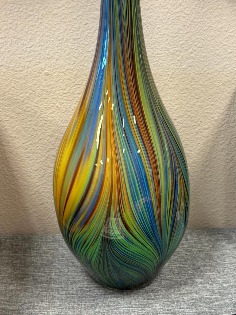 TALL HAND BLOWN ART GLASS MULTICOLOR PULLED FEATHER DESIGN VASE WITH ELONGATED TAPERED RIM - 2