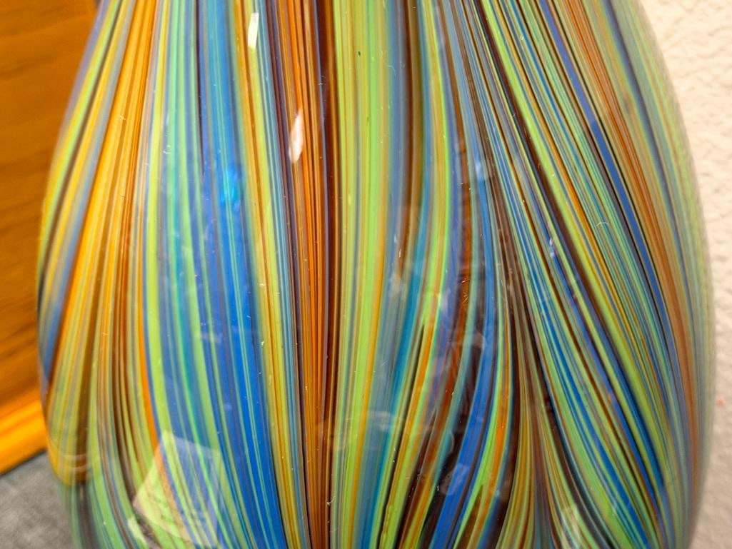 TALL HAND BLOWN ART GLASS MULTICOLOR PULLED FEATHER DESIGN VASE WITH ELONGATED TAPERED RIM - 3