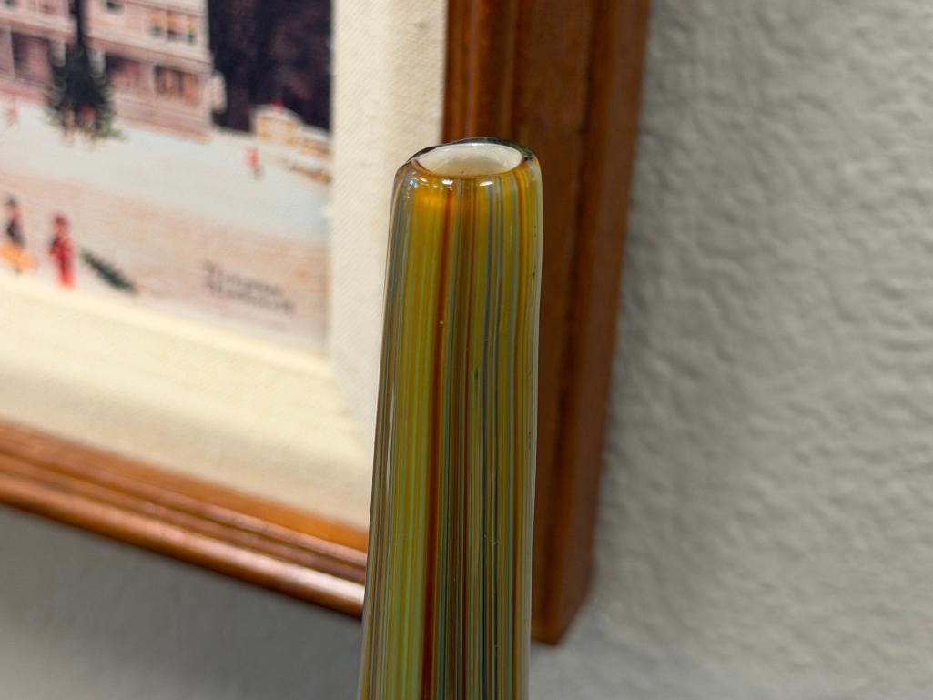 TALL HAND BLOWN ART GLASS MULTICOLOR PULLED FEATHER DESIGN VASE WITH ELONGATED TAPERED RIM - 5