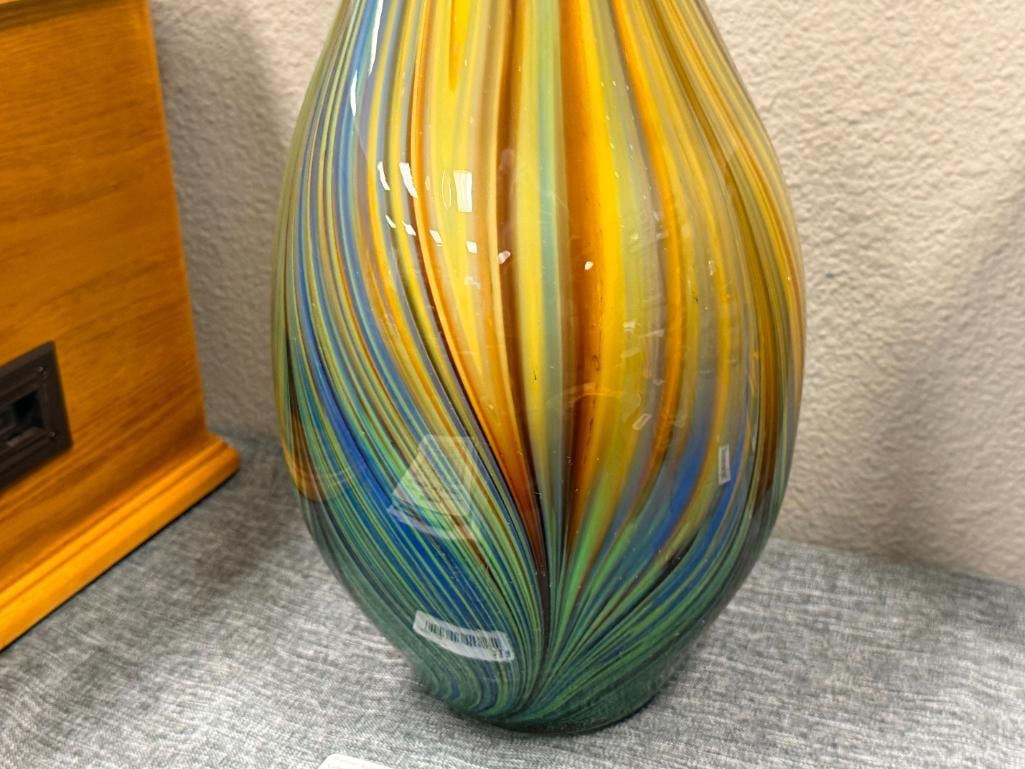 TALL HAND BLOWN ART GLASS MULTICOLOR PULLED FEATHER DESIGN VASE WITH ELONGATED TAPERED RIM - 6