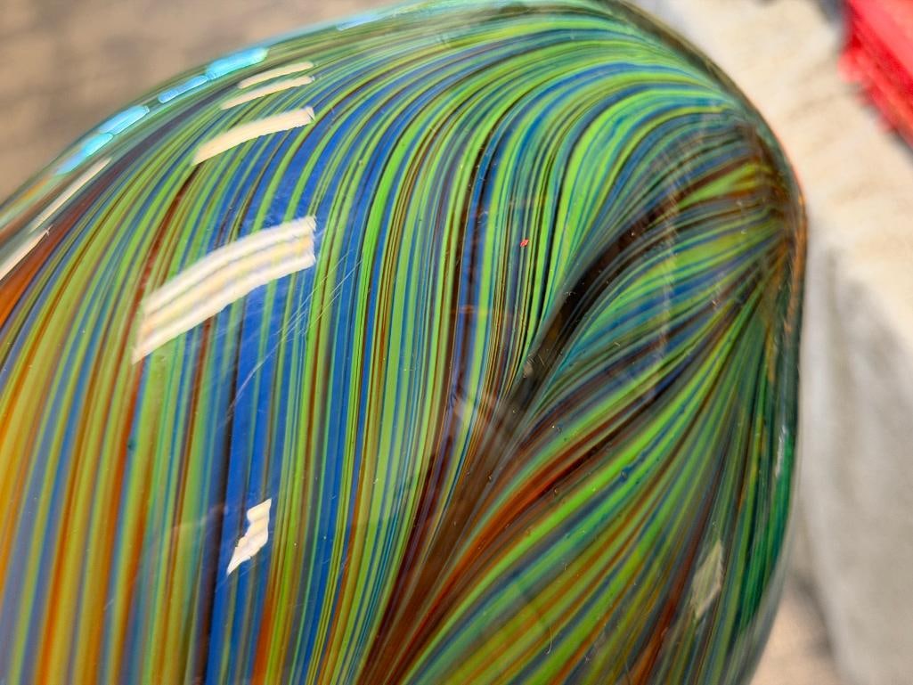 TALL HAND BLOWN ART GLASS MULTICOLOR PULLED FEATHER DESIGN VASE WITH ELONGATED TAPERED RIM - 7