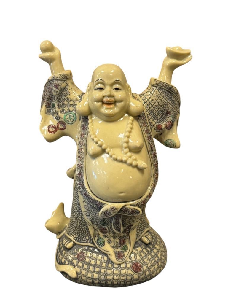 FAUX IVORY LOOK RESIN STANDING BUDDHA FIGURE WITH SCRIMSHAW STYLE DESIGN (1 of 7)