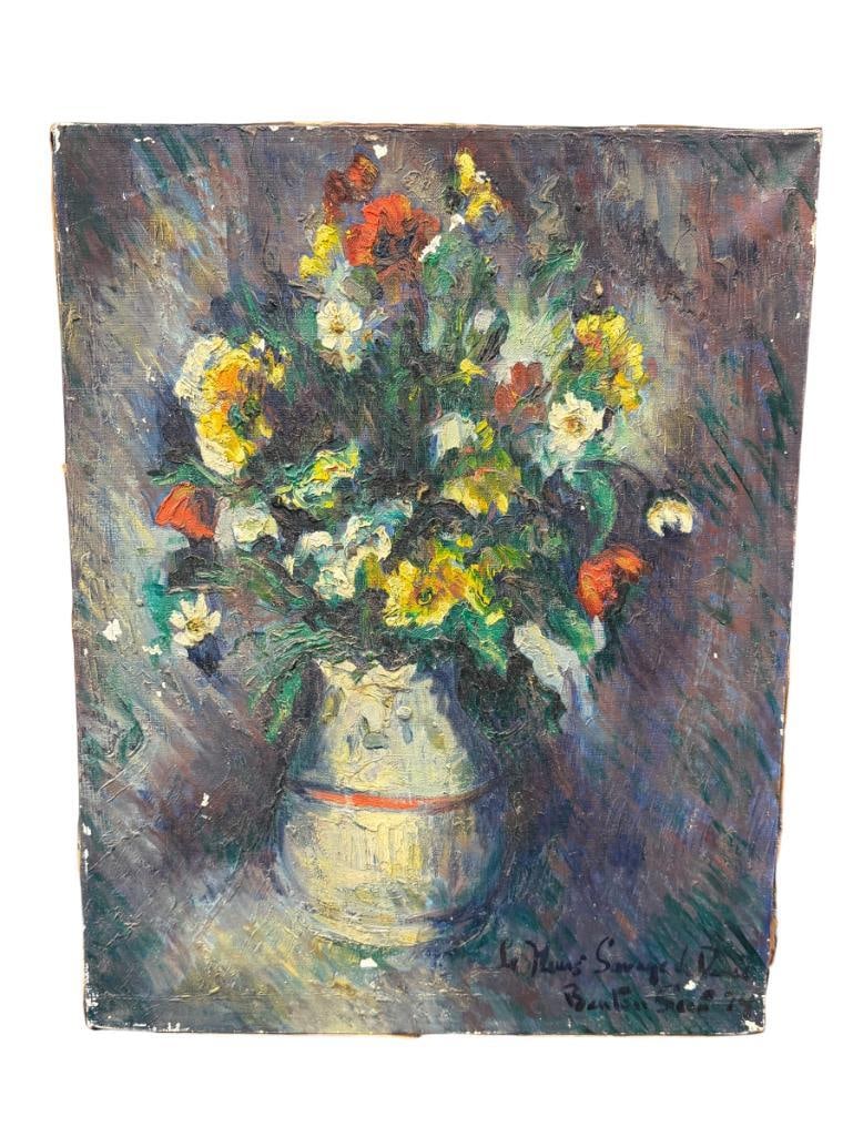 BENTON SEON FRENCH ARTIST ORIGINAL OIL ON CANVAS PAINTING TITLED LES FLEURS DE DINIE DATED 1974: ART DEPICTS STILL-LIFE OF A FLORAL BOUQUET WITH MOODY BLUE BACKGROUND, SIGNED LOWER RIGHT, ALSO SIGNED ON THE BACK WITH ART TITLE, DATED 1974, HAND-WRITTEN PRICE OF $650, PAINTING DOES SHOW WEAR