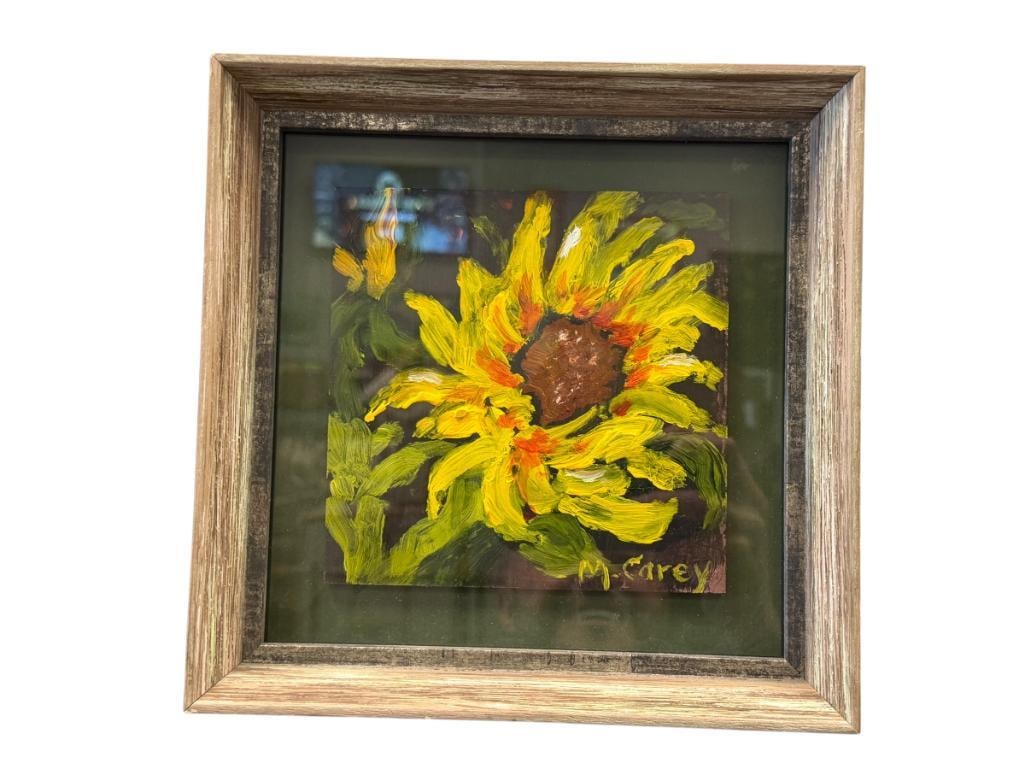 M. CAREY ORIGINAL IMPASTO OIL ON BOARD PAINTING OF A SUNFLOWER: CONTEMPORARY PAINTING OF A FLOWER, SIGNED LOWER RIGHT, FRAMED 9 1/4" X 9 1/4" FRAME