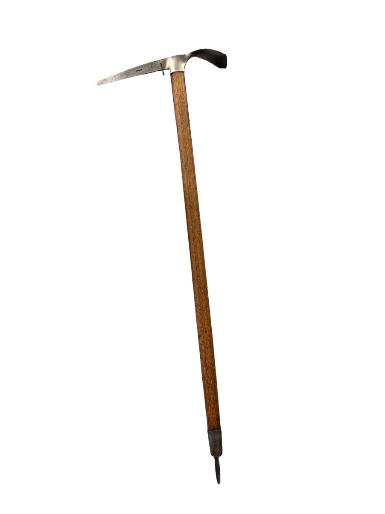 VINTAGE GRIVEL ALPINE HIKING ICE AXE WITH HICKORY HANDLE MADE IN ITALY: LONG HANDLE WITH SPIKE END, MARKED ON THE HEAD 13" HEAD LENGTH, 38" OVERALL LENGTH