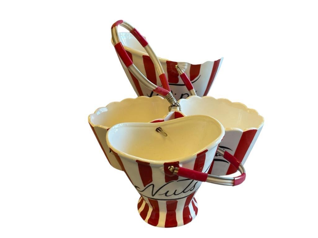 1950'S MID-CENTURY COUNTRY CLUB DESIGNED BY YONA JAPAN CHIPS, NUTS, AND MINTS BUCKETS: CERAMIC DISHED SHAPED LIKE BUCKETS TO SERVES NUTS, MINTS, CHIPS, IN RED AND WHITE WITH HANDLES, EACH IS MARKED ON THE BOTTOM 4", 6 1/2", AND 8"