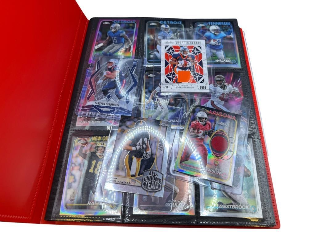 APPROX. 82 2024 TOPPS, PANINI, AND OTHER FOOTBALL CARDS FEATURING TWO RELIC CARDS AND HALL OF FAM...: INCLUDES APPROX. 50 TOPPS CHROME CARDS INCLUDING LEGENDS LIKE JERRY RICE, TERREL DAVIS, JOHN ELWAY, MORE RECENT STARS, ROOKIE CARDS, AND OTHERS, IN BINDER
