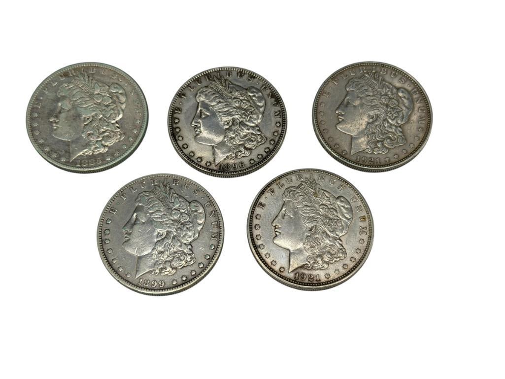 FIVE U.S. MORGAN SILVER DOLLARS FEATURING VARIOUS DATES AND MINT MARKS (1 of 10)