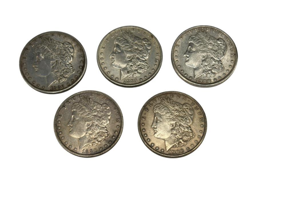 FIVE U.S. MORGAN SILVER DOLLARS FEATURING VARIOUS DATES AND MINT MARKS (1 of 14)