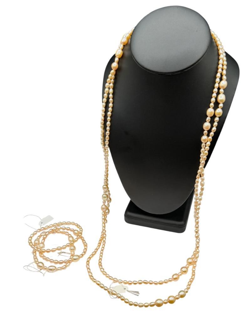 GSJ DESIGNER PERA LENGTH FRESHWATER PEARL NECKLACE AND THREE MATCHING BRACELETS: GSJ CHINA DESIGNER 68" NECKLACE, ELASTIC BAND BRACELETS, UP TO 9MM PEARLS