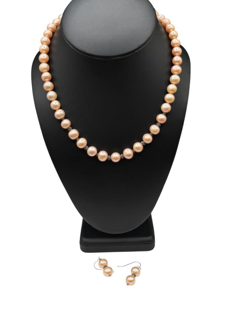 PINK CULTURED PEARL NECKLACE AND DANGLE EARRINGS WITH SILVERPLATED CLASP: ACCENTED WITH SILVER TONED BEADS AND HAND KNOTTED PEARLS 17" NECKLACE, 1 1/2" EARRINGS, 9MM PEARLS