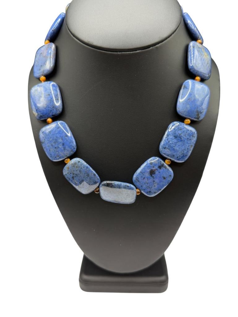 HANDMADE SODALITE BEAD NECKLACE FEATURING 14K YELLOW GOLD CLASP: ACCENTED WITH ROUND TIGER'S EYE BEADS BETWEEN SODALITE BEADS 16", 28MM SODALITE BEADS