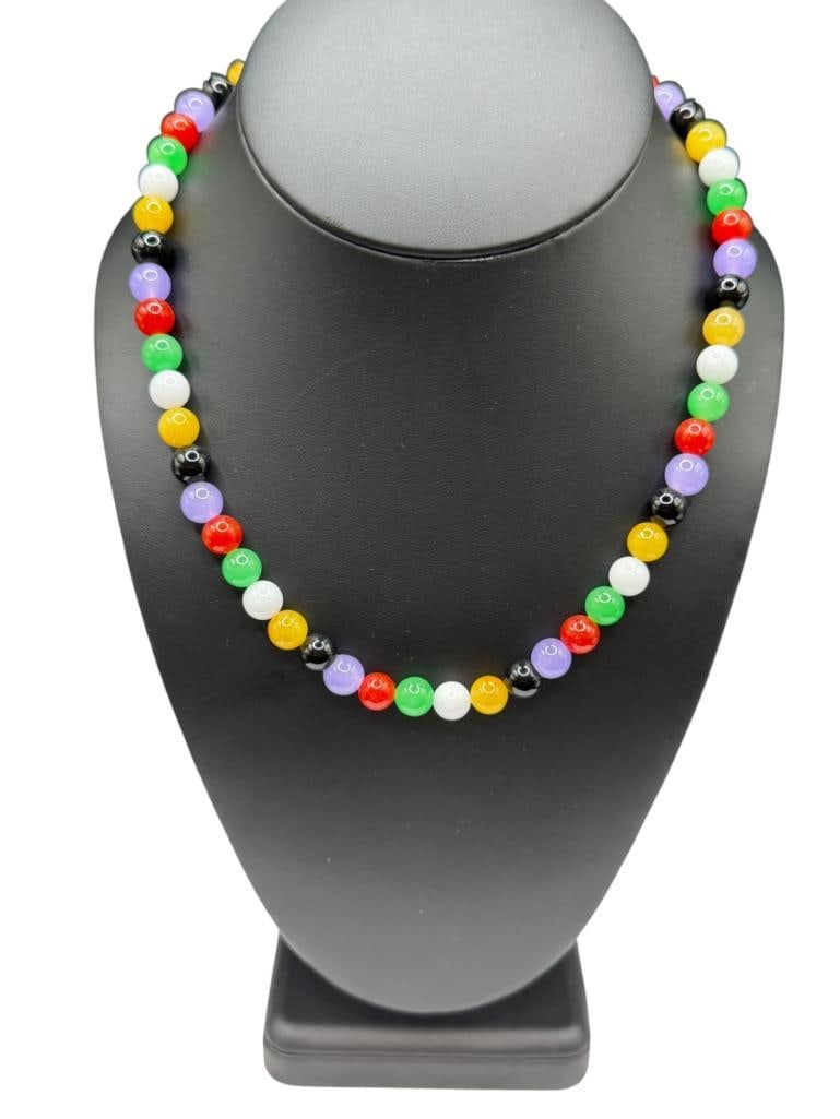 HONG KONG MADE CHINESE MULTI-COLOR JADE BEAD NECKLACE FEATURING 14K YELLOW GOLD CLASP: 17", 8MM BEADS