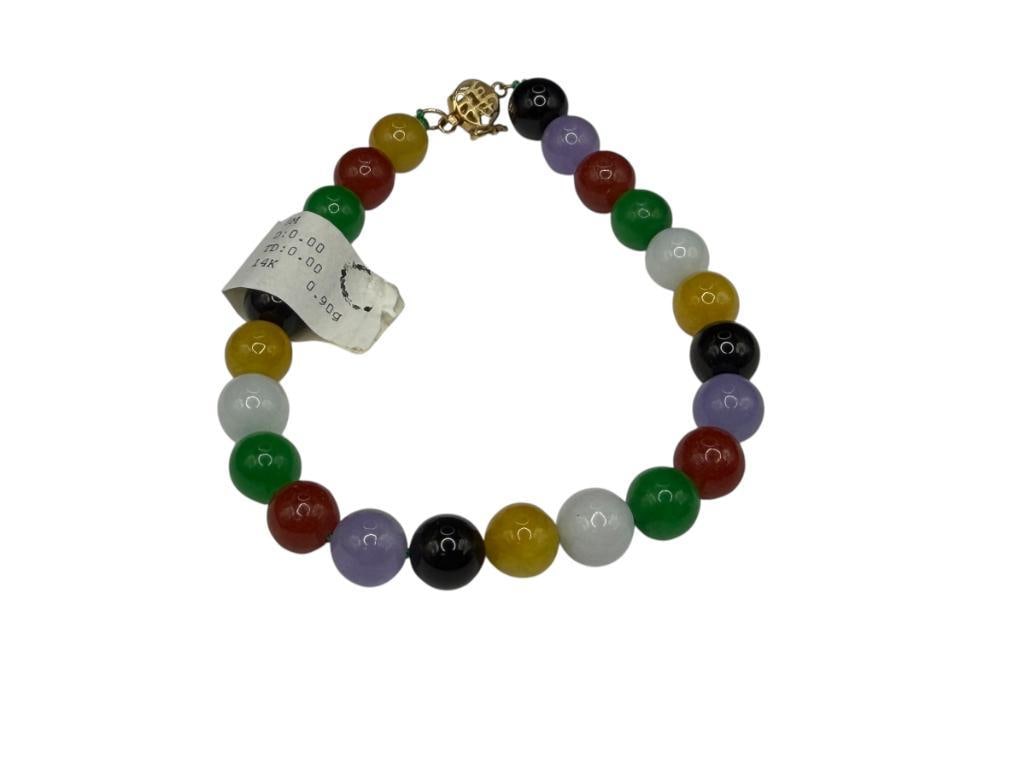 HONG KONG MADE CHINESE MULTI-COLOR JADE BEAD BRACELET FEATURING 14K YELLOW GOLD CLASP: 8", 8MM BEADS