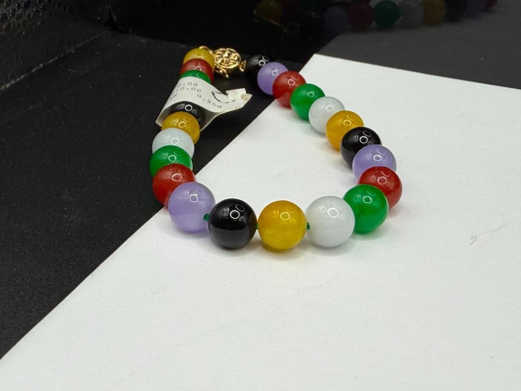 HONG KONG MADE CHINESE MULTI-COLOR JADE BEAD BRACELET FEATURING 14K YELLOW GOLD CLASP - 2