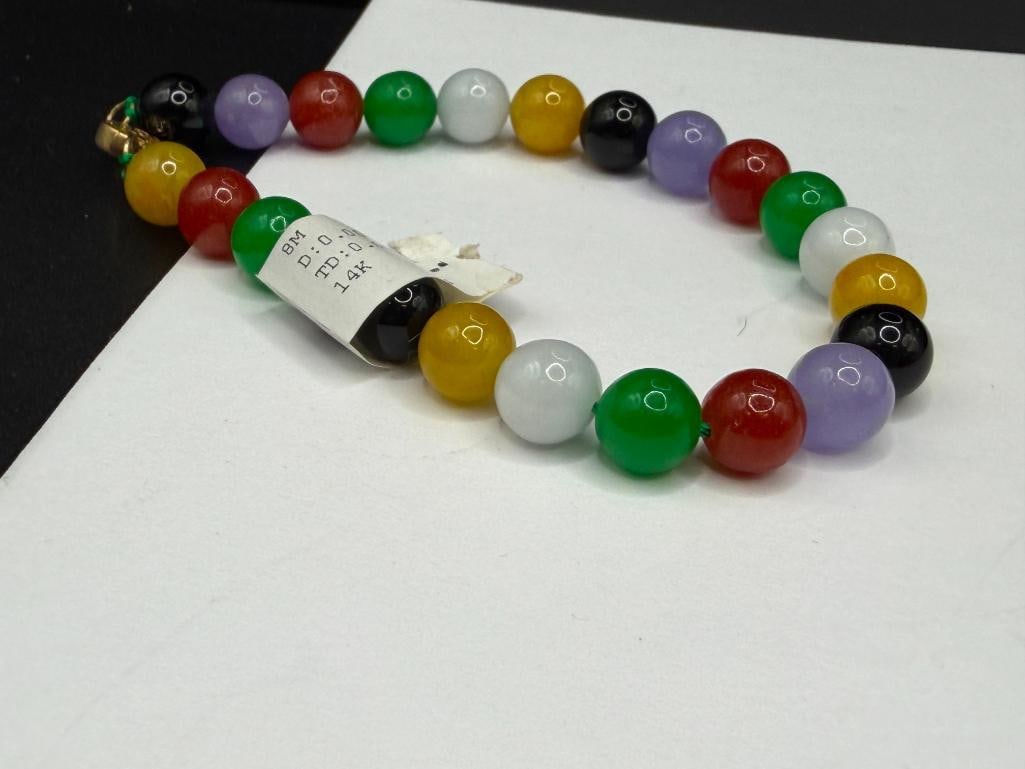 HONG KONG MADE CHINESE MULTI-COLOR JADE BEAD BRACELET FEATURING 14K YELLOW GOLD CLASP - 3