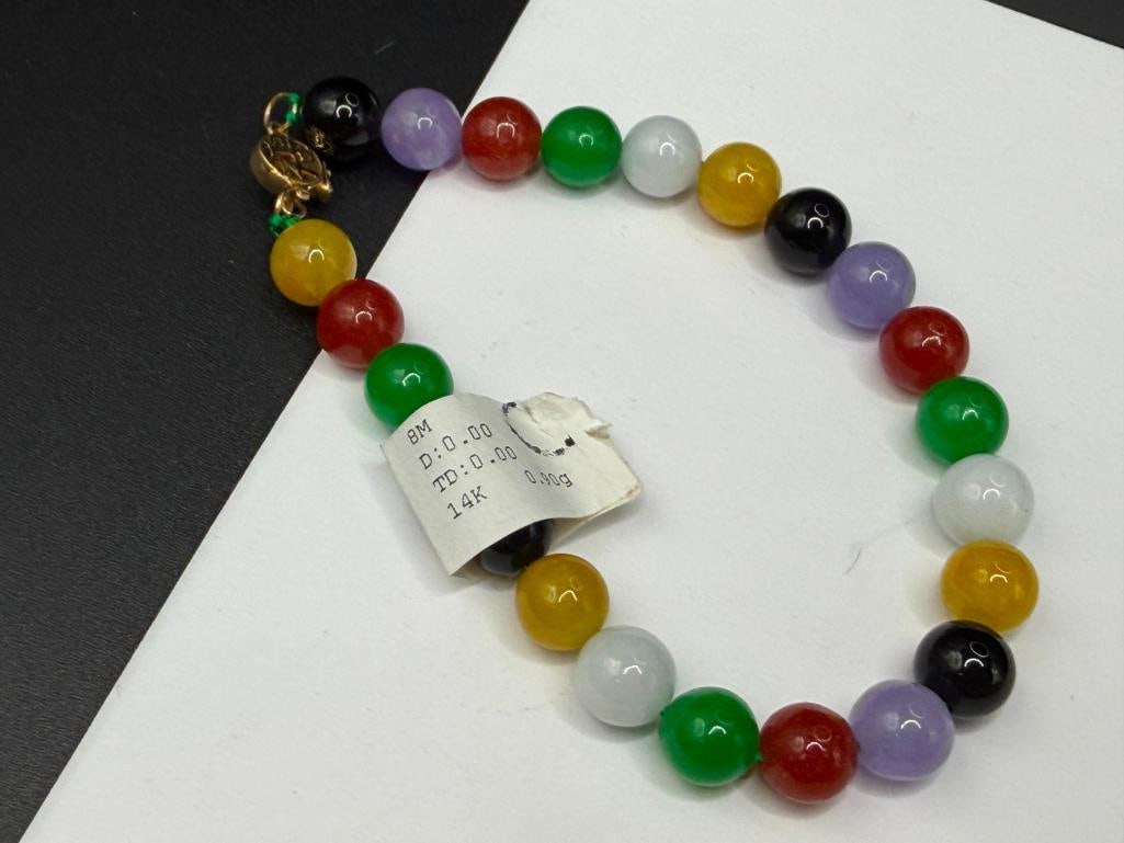HONG KONG MADE CHINESE MULTI-COLOR JADE BEAD BRACELET FEATURING 14K YELLOW GOLD CLASP - 4