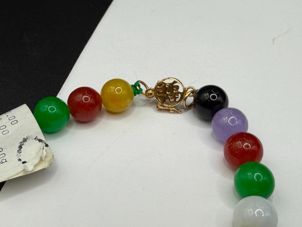 HONG KONG MADE CHINESE MULTI-COLOR JADE BEAD BRACELET FEATURING 14K YELLOW GOLD CLASP - 5