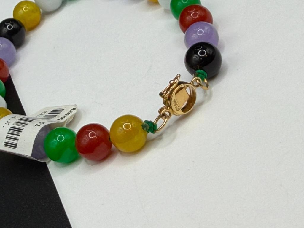HONG KONG MADE CHINESE MULTI-COLOR JADE BEAD BRACELET FEATURING 14K YELLOW GOLD CLASP - 6