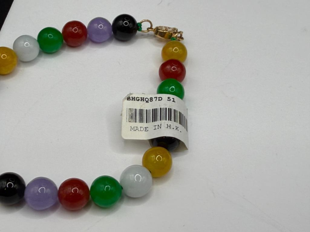 HONG KONG MADE CHINESE MULTI-COLOR JADE BEAD BRACELET FEATURING 14K YELLOW GOLD CLASP - 7