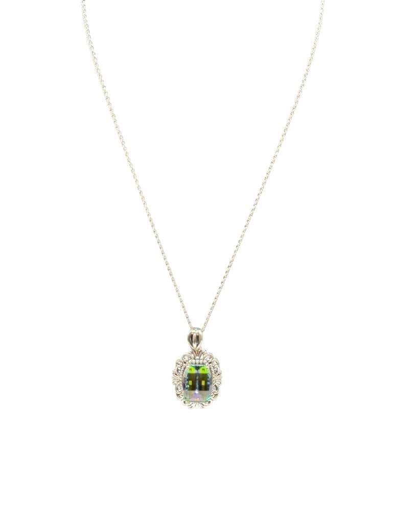 STERLING SILVER FACETED MYSTIC TOPAZ PENDANT ON STERLING SILVER CHAIN NECKLACE: 18" NECKLACE, 1 1/2" PENDANT, 16MM X 12MM TOPAZ, 8.38 GRAMS