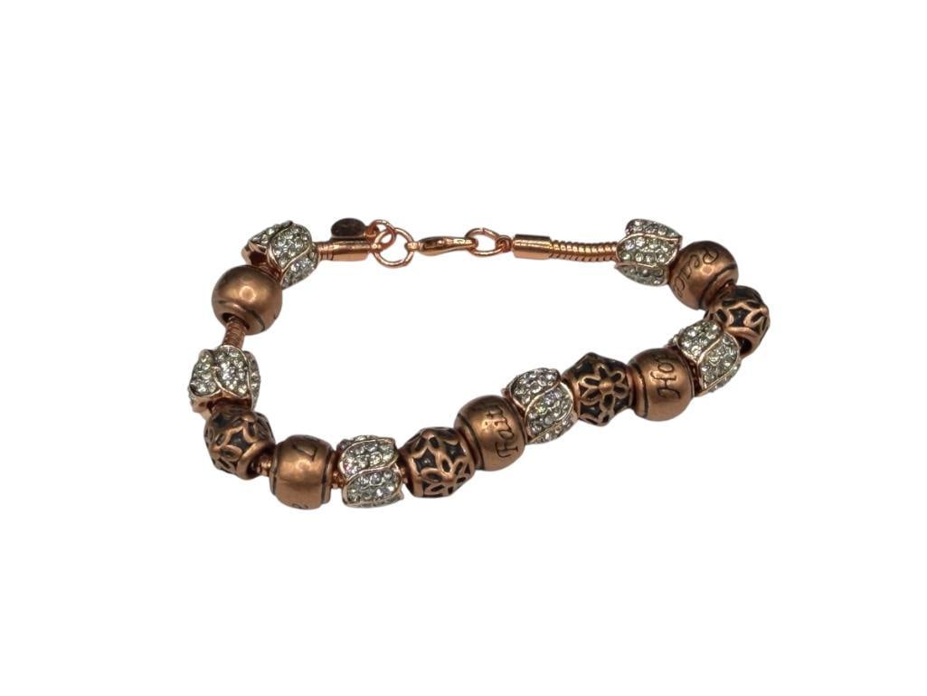 DESIGNER HALLMARKED COPPER TONE PANDORA STYLE BRACELET WITH POSITIVE MESSAGE BEADS AND CLEAR STONES (1 of 5)