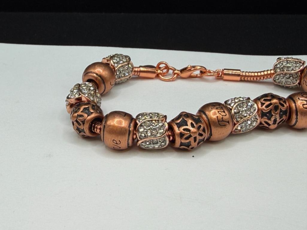 DESIGNER HALLMARKED COPPER TONE PANDORA STYLE BRACELET WITH POSITIVE MESSAGE BEADS AND CLEAR STONES - 2