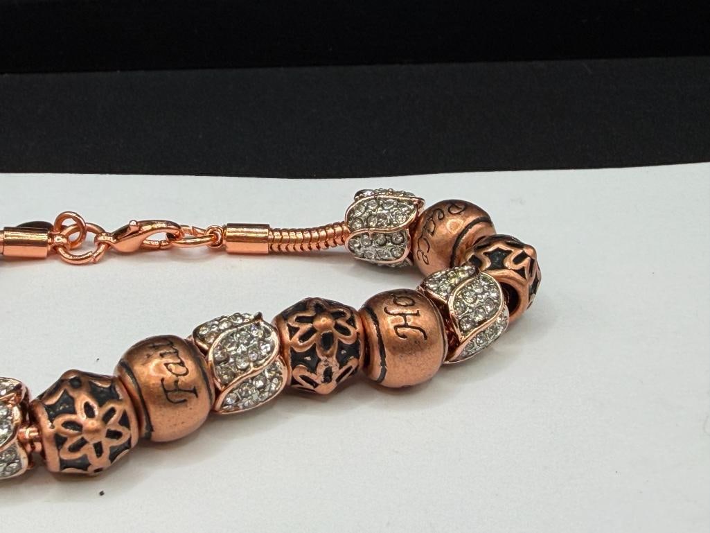 DESIGNER HALLMARKED COPPER TONE PANDORA STYLE BRACELET WITH POSITIVE MESSAGE BEADS AND CLEAR STONES - 3