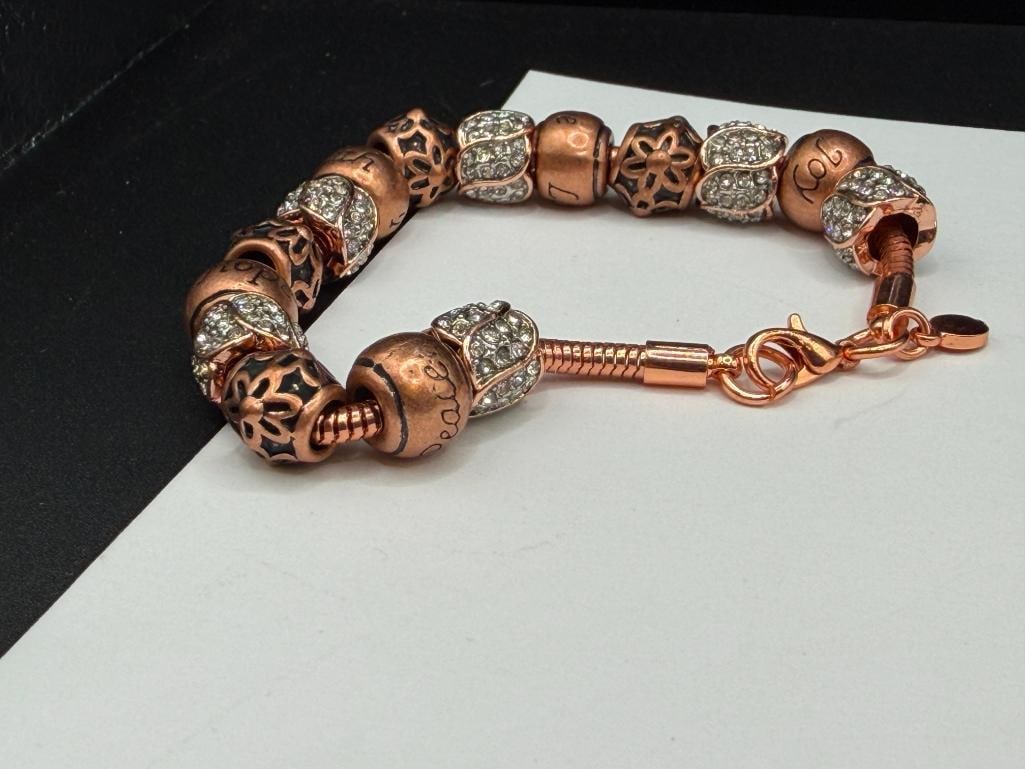 DESIGNER HALLMARKED COPPER TONE PANDORA STYLE BRACELET WITH POSITIVE MESSAGE BEADS AND CLEAR STONES - 4