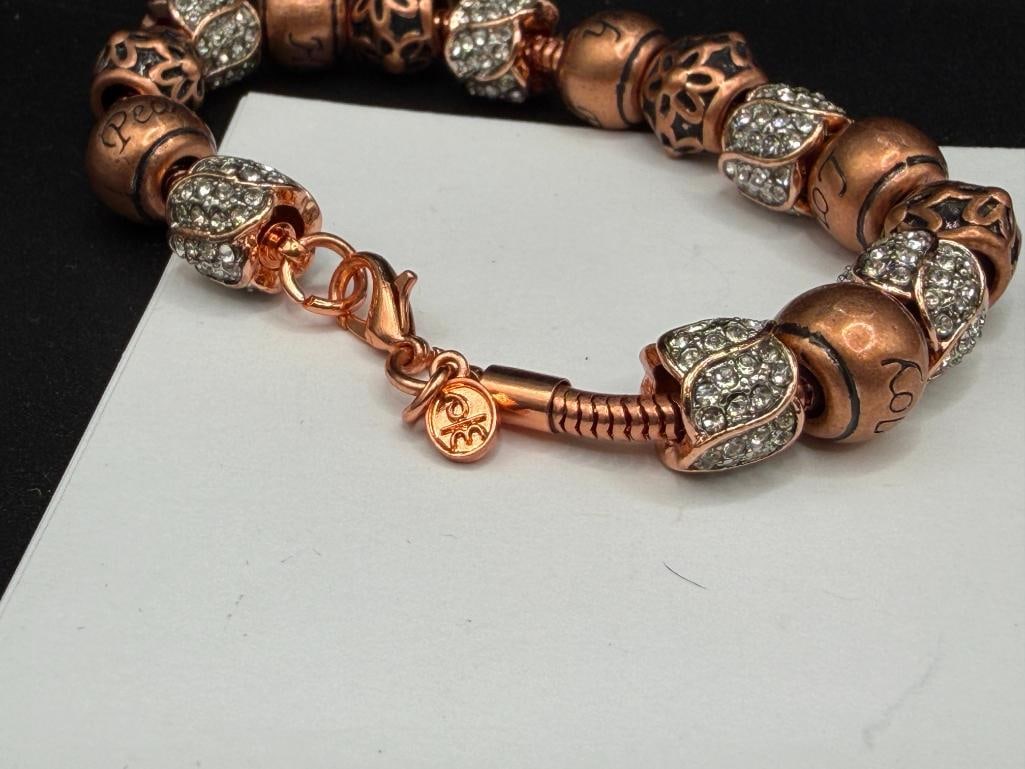 DESIGNER HALLMARKED COPPER TONE PANDORA STYLE BRACELET WITH POSITIVE MESSAGE BEADS AND CLEAR STONES - 5