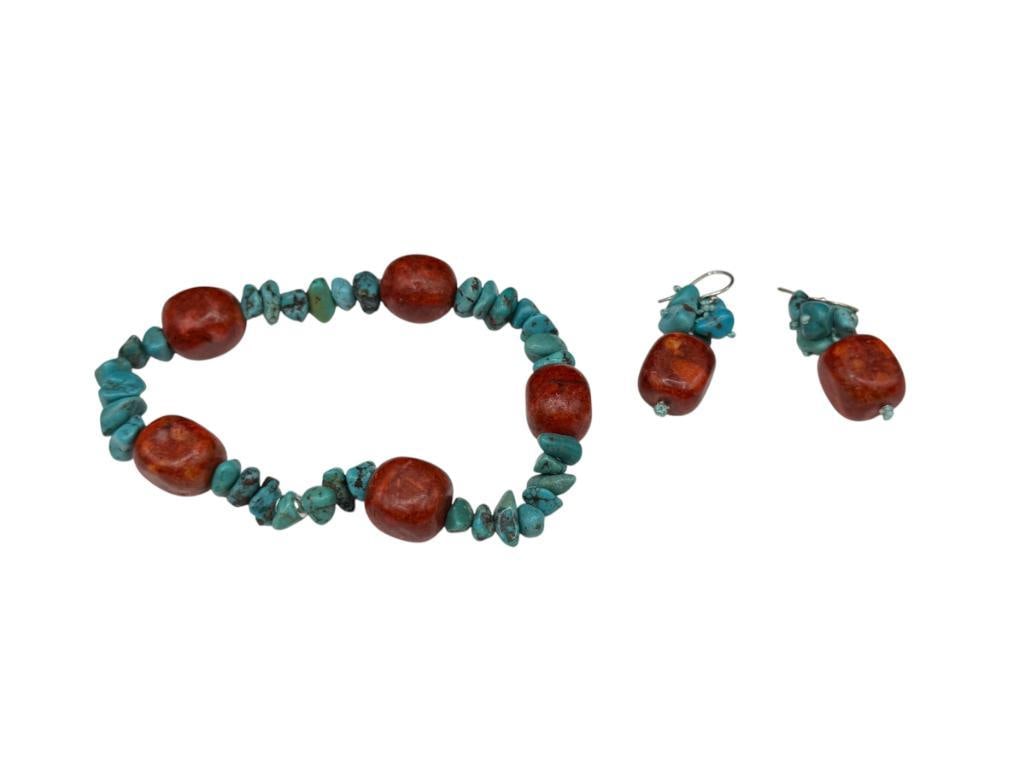 HANDMADE TURQUOISE AND CORAL BEAD BRACELET AND MATCHING EARRINGS: ELASTIC BAND ON BRACELET 1 3/8" EARRINGS, UP TO 15MM BEADS