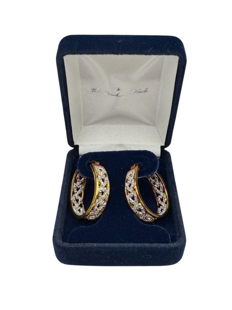 THE DANBURY MINT STERLING SILVER GOLD TONE CZ FASHION HOOP EARRINGS: ACCENTED WITH CZ'S ON INSIDE AND OUTSIDE OF HOOPS, IN ORIGINAL BOX 1 1/8", 8.14 GRAMS