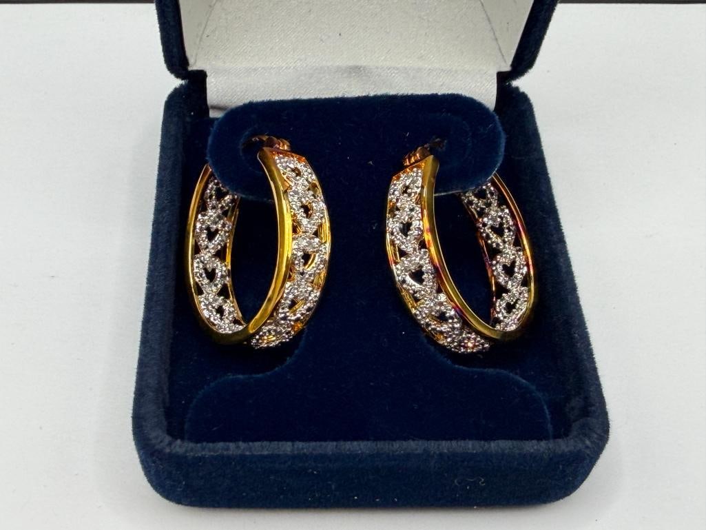 THE DANBURY MINT STERLING SILVER GOLD TONE CZ FASHION HOOP EARRINGS - 2