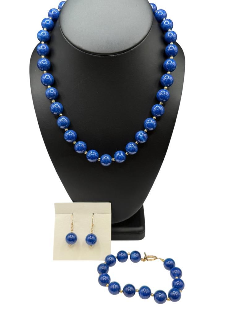 ROUND LAPIS BEAD NECKLACE, BRACELET, AND DANGLE EARRINGS SET (1 of 8)