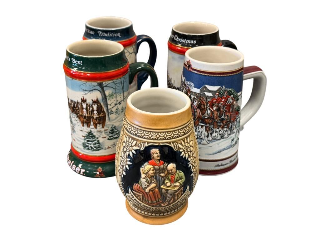 BUDWEISER ANHEUSER-BUSCH 1990. 1991, 1992 CHRISTMAS HOLIDAY STEINS (1 of 12)