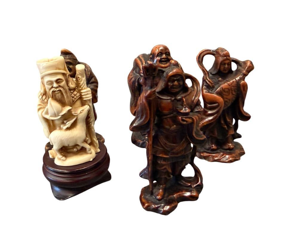 FAUX IVORY AND WOOD GRAIN RESIN CHINESE MINIATURE FIGURES BUDDHAS, ELDER, WOMAN, WARRIOR: ELDER FIGURE IS MOUNTED ON WOODEN BASE 3 1/2" UP TO 4" H