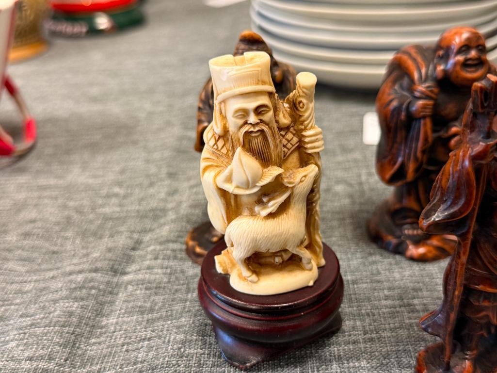 FAUX IVORY AND WOOD GRAIN RESIN CHINESE MINIATURE FIGURES BUDDHAS, ELDER, WOMAN, WARRIOR - 2