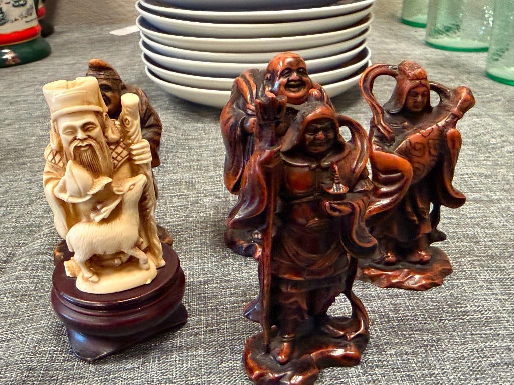 FAUX IVORY AND WOOD GRAIN RESIN CHINESE MINIATURE FIGURES BUDDHAS, ELDER, WOMAN, WARRIOR - 3