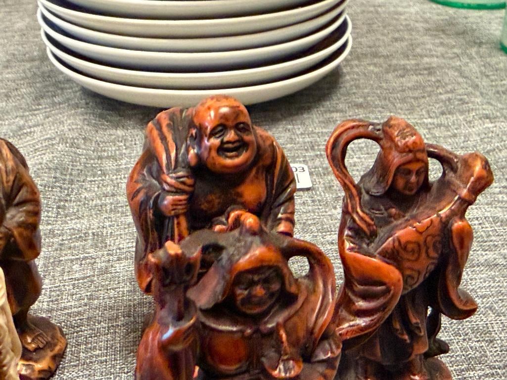 FAUX IVORY AND WOOD GRAIN RESIN CHINESE MINIATURE FIGURES BUDDHAS, ELDER, WOMAN, WARRIOR - 4