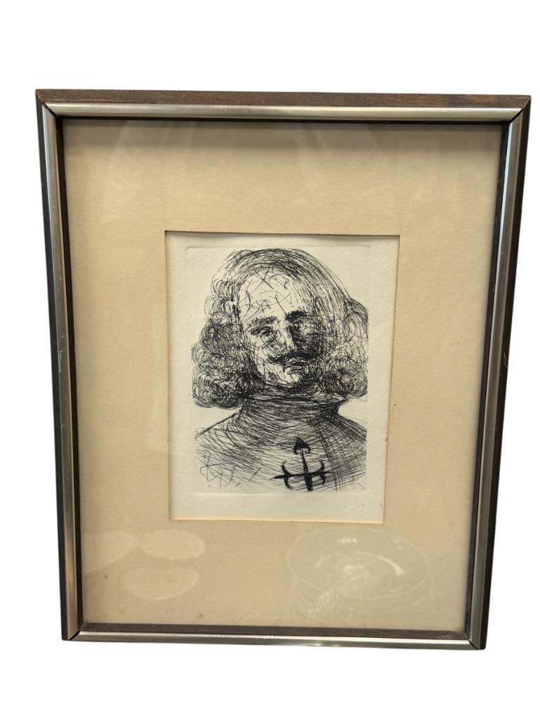 SALVADOR DALI RENOWN ARTIST ETCHING TITLED VELAZQUEZ BY THE COLLECTOR'S GUILD LTD.: SALVADOR DALI (1904-1989) WAS A RENOWN SURREAL ARTIST KNOWN FOR HIS HALLUCINOGENIC ART, ART DEPICTS ETCHING PORTRAIT OF A MAN, PLATE SIGNED, CERTIFICATE ON THE BACK WITH EMBOSSED SEAL, FRAMED 12 1/4" 