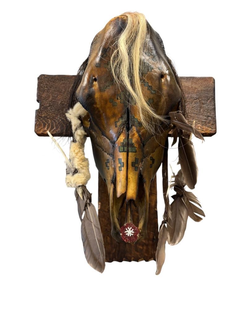AMERICAN FOLK ART DECORATED STEER SKULL WITH BEAD WORK, FEATHERS, GEOMETRIC PAINTED DESIGN (1 of 10)