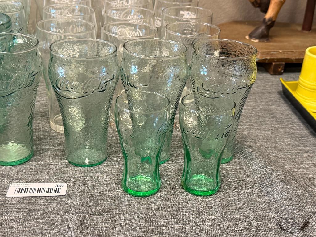 ASSORTMENT OF CLEAR AND AQUA COLORED GLASS COCA-COLA DRINKING GLASSES - 2