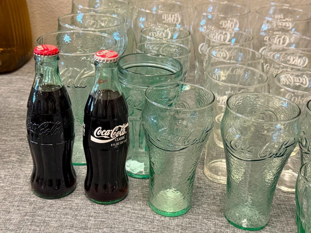 ASSORTMENT OF CLEAR AND AQUA COLORED GLASS COCA-COLA DRINKING GLASSES - 3
