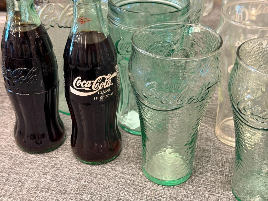 ASSORTMENT OF CLEAR AND AQUA COLORED GLASS COCA-COLA DRINKING GLASSES - 4
